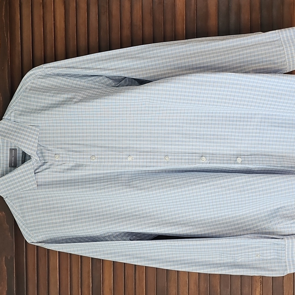 Michael Kors Slim Fit Blue Tan Button Down Dress Shirt Mens Size XL 17-1/2 34-35 - Picture 2 of 13